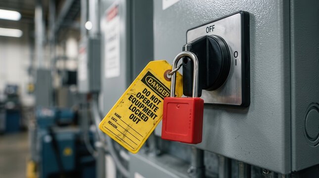 Industrial equipment isolation using a red padlock and danger tag to prevent accidental startup.