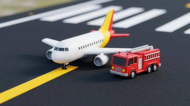Aviation security concept featuring a stylized airplane and a fire engine on a runway.