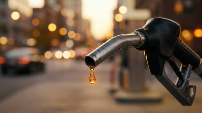 A close-up of a fuel nozzle with a gasoline drop illustrating energy scarcity and economic challenges.