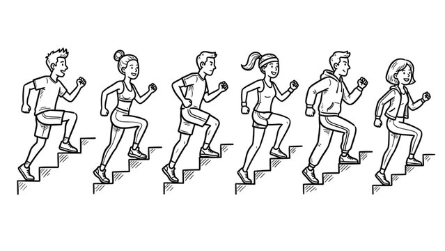 Diverse group of people running up stairs in a line illustration