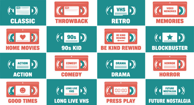 Retro VHS tape icons with nostalgic labels.