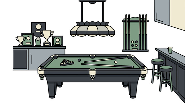 Billiard Room Interior with Pool Table and Trophies.