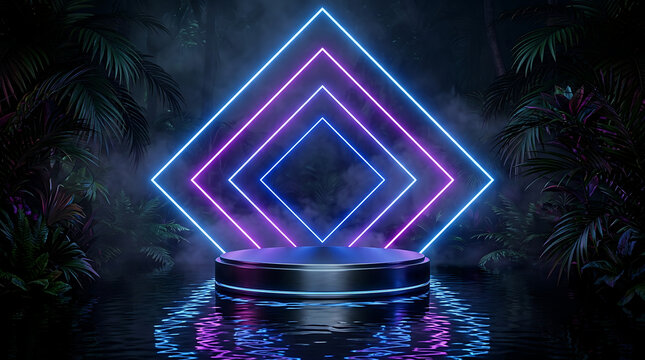 Dark podium in water with neon frames and tropical jungle leaves background