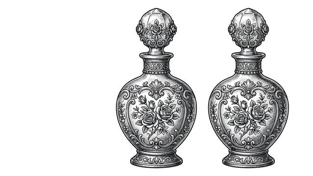 Antique ornate perfume bottle with rose design in vintage engraving style