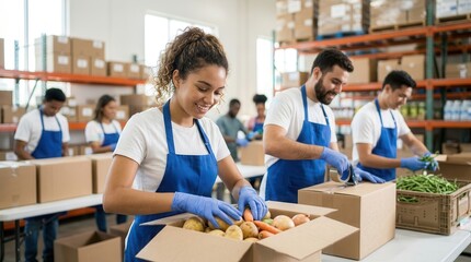 Fototapeta premium Volunteers in blue aprons packing fresh produce at a food bank.