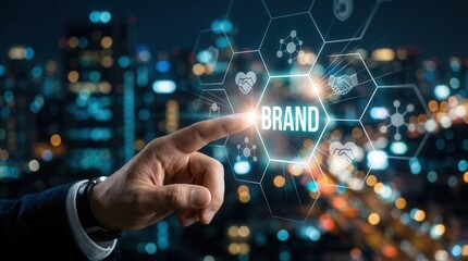 Fototapeta premium Digital concept of brand trust and credibility featuring a person interacting with a glowing brand icon and partnership icons.
