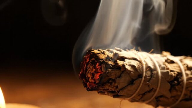 Burning sage smudge stick producing white smoke, used for spiritual cleansing, purification, and meditation