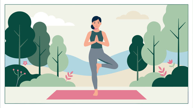 Woman practicing yoga tree pose in a serene park setting with trees and flowers