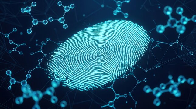 A detailed visualization of forensic science investigating fingerprints and molecular structures.