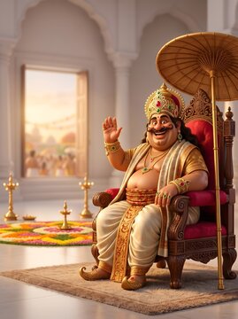 Cheerful 3D illustration of King Mahabali sitting on a royal throne during Onam festival, featuring traditional Kerala attire, gold jewelry, and palm umbrella.