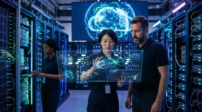 Three IT professionals interacting with futuristic digital interface in server room