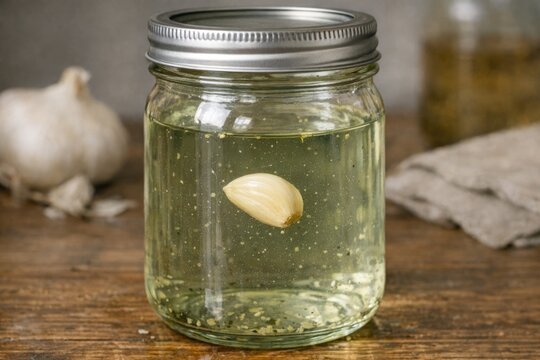A jar of garlic oil placed on a wooden table, perfect for cooking and decorating