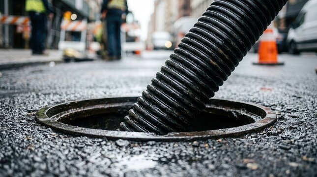 Sewer repair and no-dig pipeline restoration using a black flexible hose in a manhole.