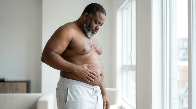 A shirtless Black man touching his belly while looking down in thought near a window.