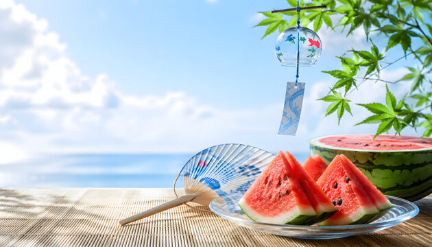 風鈴とスイカが彩る日本の夏 涼を感じる背景素材