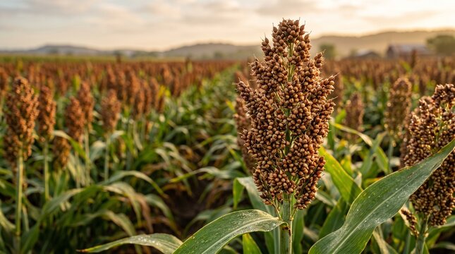 Ripe Sorghum Grain Crops Growing in a Sunny Agricultural Field During Golden Hour