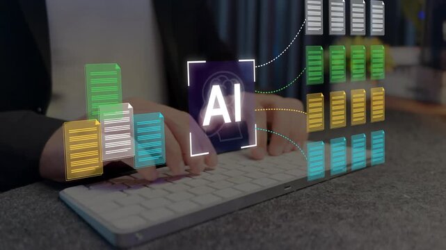 Automated document management system DMS. File and folder icons.  AI-powered document classification. 