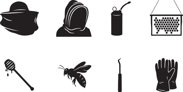 Beekeeping beekeeper tools and honeybee silhouettes