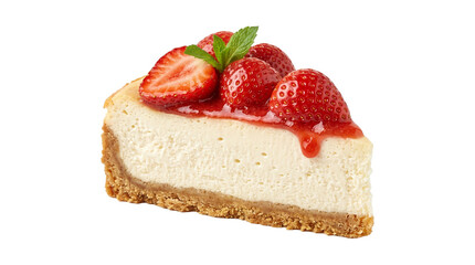 Delicious slice of creamy strawberry cheesecake topped with fresh berries and green mint leaves isolated on transparent background png studio photo. © Png ProTeam