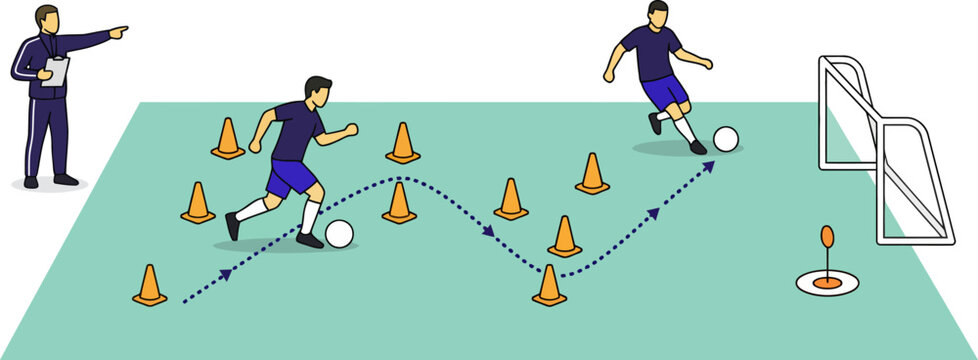 Soccer drill illustration player maneuvering through cones with coach guidance