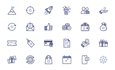 Fototapeta premium Customer loyalty program icons set, 24 rewards and bonus line vector symbols, marketing gamification and retail incentive elements