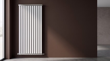 Fototapeta premium Minimalist white designer radiator on dark brown wall in modern apartment with interior design living space radiator interior minimalist architecture apartment