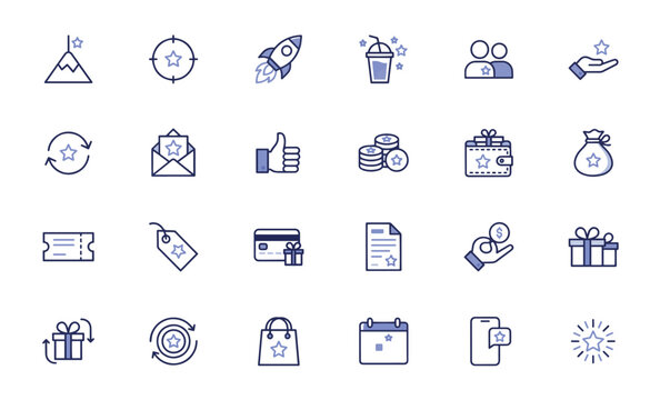 Customer loyalty program icons set, 24 rewards and bonus line vector symbols, marketing gamification and retail incentive elements