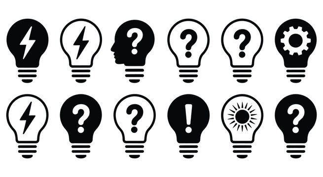 Assortment Of Light Bulb Icons Combining Lightning Bolt, Question, Person And Gear Symbols For Creativity, Inspiration, Learning, Brainstorming And Technology Concepts.