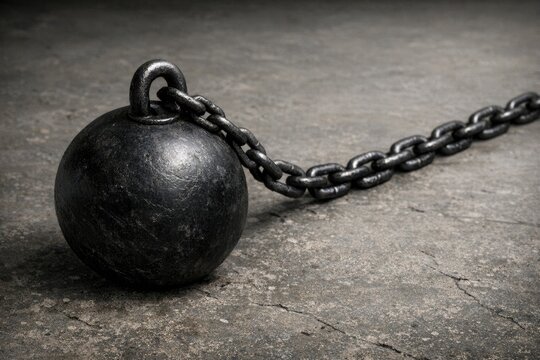 A ball is chained to a chain on a concrete floor, isolated environment