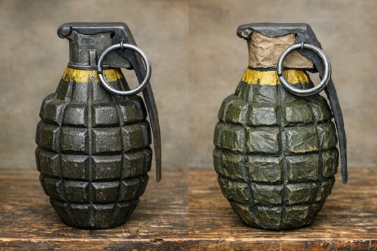 Two grenades sit on a wooden table, one green and one black