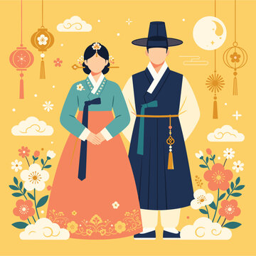 Korean Drama Traditional Hanbok Couple Celebrating Spring Festival With Flowers Together