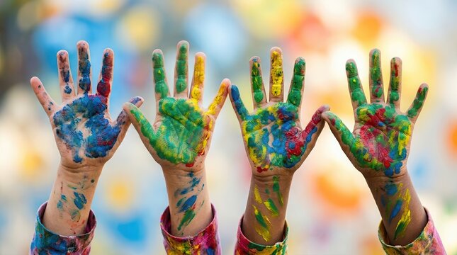 Hands of children covered in bright paint symbolizing community betterment and social impact.
