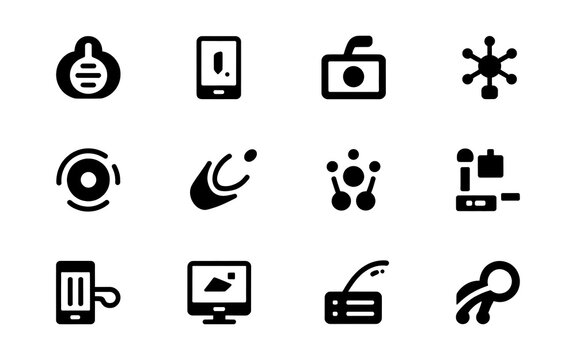 Twelve black flat showing various technological concepts, network nodes, digital devices, and data symbols