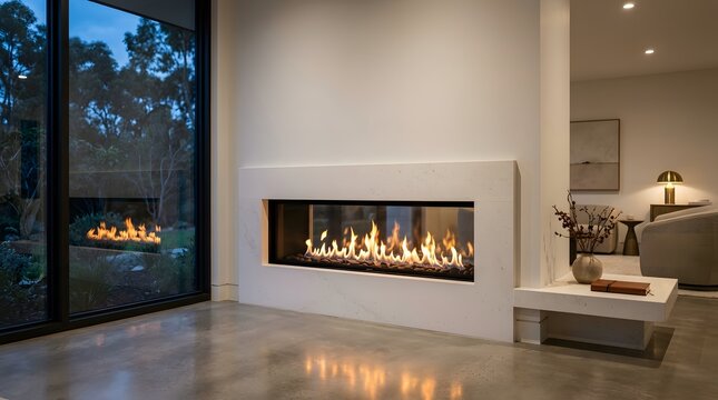 Burning Fireplace in Modern Minimalist Living Room with Warm Glow