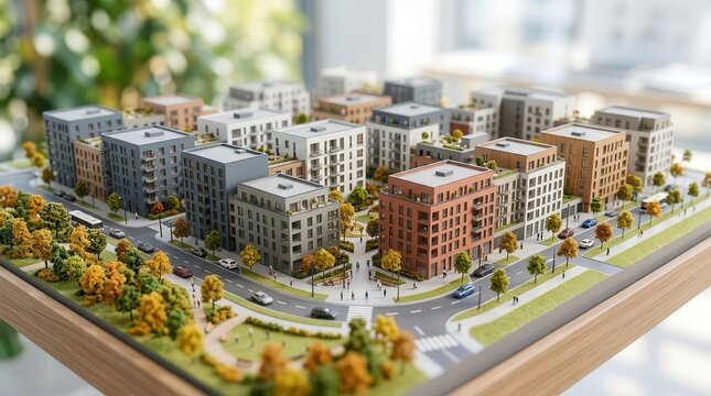 A miniature urban landscape showing new building construction and residential estate planning.