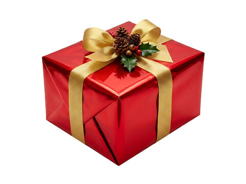 Red Christmas Gift Box with Gold Ribbon Isolated on Transparent