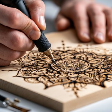 Detailed wood burning art in progress.