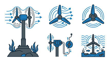 Blue tidal turbine and ocean wave energy icons. © power