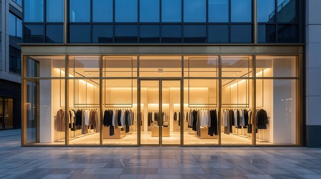 Elegant storefront of a clothing boutique featuring a large glass facade at dusk.