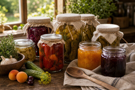 Seasonal preserves and pickling jars in rural guesthouse kitchen