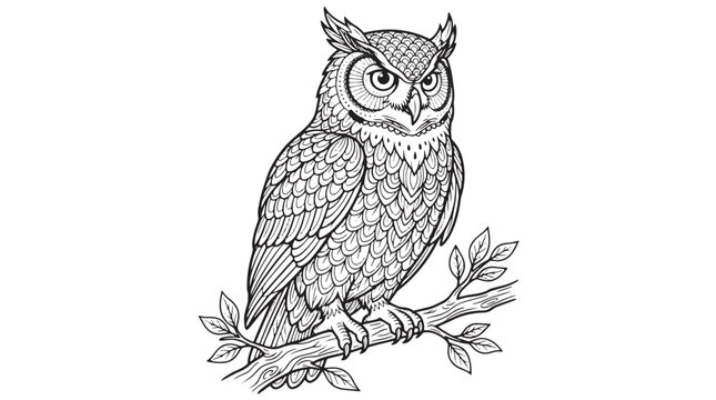 Intricate owl coloring page vector, detailed great horned owl line art illustration, majestic bird of prey perched on a tree branch for adult coloring isolated on White Background