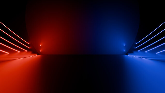 Futuristic dark room with blue and red neon line lights. 3D rendering