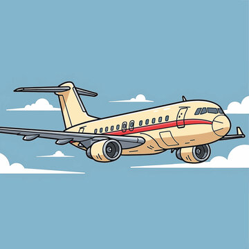 Illustration of a stylized commercial passenger jet with a T-tail and red stripe flying above clouds in a blue sky. Detailed cartoon artwork of a vintage twin-engine aircraft.