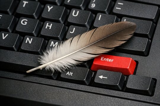 A feather rests on a computer keyboard
