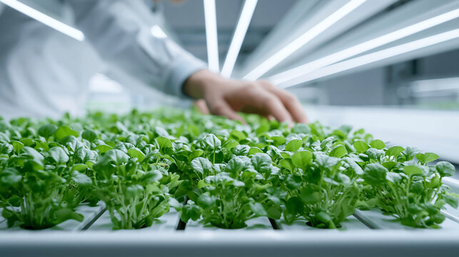 Close-up of a hand tending to vibrant green microgreens in a modern hydroponic farm.