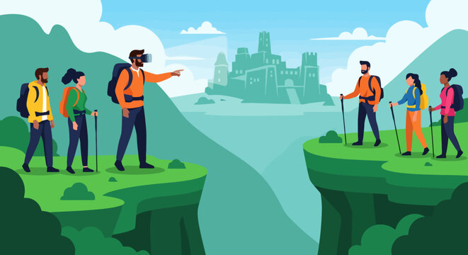 Group of hikers exploring mountains with VR headset for virtual reality travel.