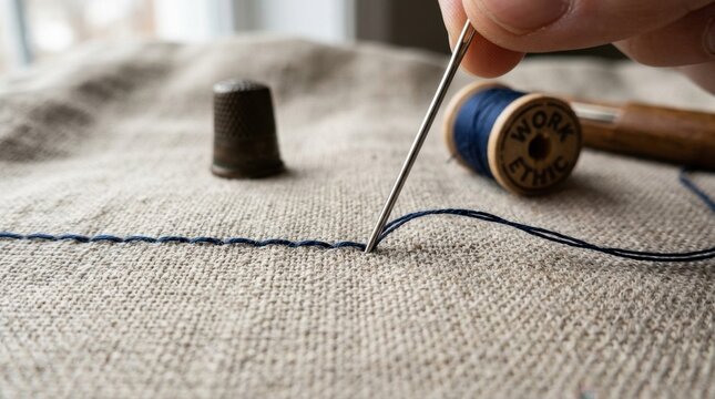 Macro shot of a hand sewing a dark blue running stitch through coarse textured linen fabric using a metal needle, featuring a vintage thimble and a wooden thread spool in background.