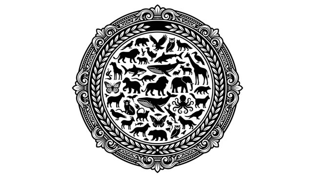 Circular arrangement of diverse animal silhouettes in ornate frame.
