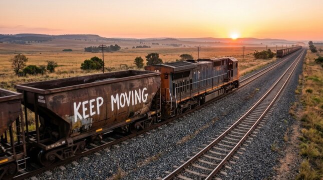 Side perspective of a heavy freight train with a weathered hopper car featuring Keep Moving text, traveling on rural tracks during a golden sunset over a scenic hilly landscape.