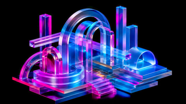 3D cyber arch platform with neon glass geometric layers